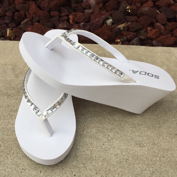 white wedge flip flops with rhinestones